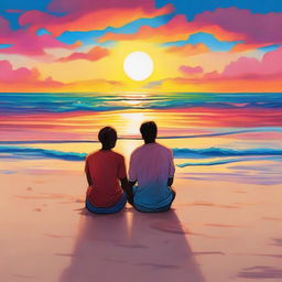 A beautiful scene underneath the sunset, depicting a queer couple sitting on the sand