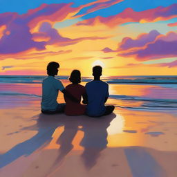 A beautiful scene underneath the sunset, depicting a queer couple sitting on the sand