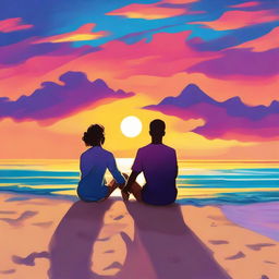 A beautiful scene underneath the sunset, depicting a queer couple sitting on the sand