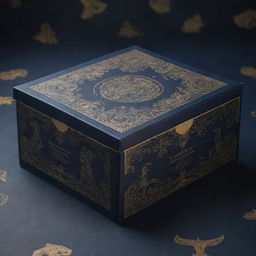 A packaging box pattern design with a couple in a romantic H.P Lovecraft inspired dystopian setting. The design is on a navy blue background with contrasting golden accents. Composed in 4k resolution.