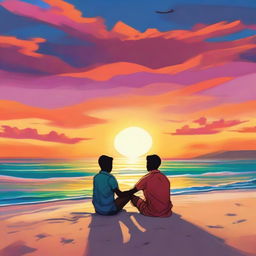 A beautiful scene underneath the sunset, depicting a queer couple sitting on the sand