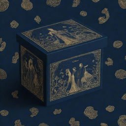 A packaging box pattern design with a couple in a romantic H.P Lovecraft inspired dystopian setting. The design is on a navy blue background with contrasting golden accents. Composed in 4k resolution.