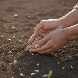 A farmer's hands meticulously sowing fenugreek seeds into fertile soil under a soft, warm sunlight