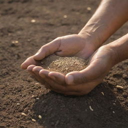 A farmer's hands meticulously sowing fenugreek seeds into fertile soil under a soft, warm sunlight