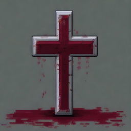 Create a pixel art image of a metal cross covered in blood