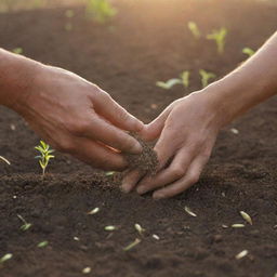 A farmer's hands meticulously sowing fenugreek seeds into fertile soil under a soft, warm sunlight