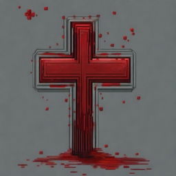 Create a pixel art image of a metal cross covered in blood