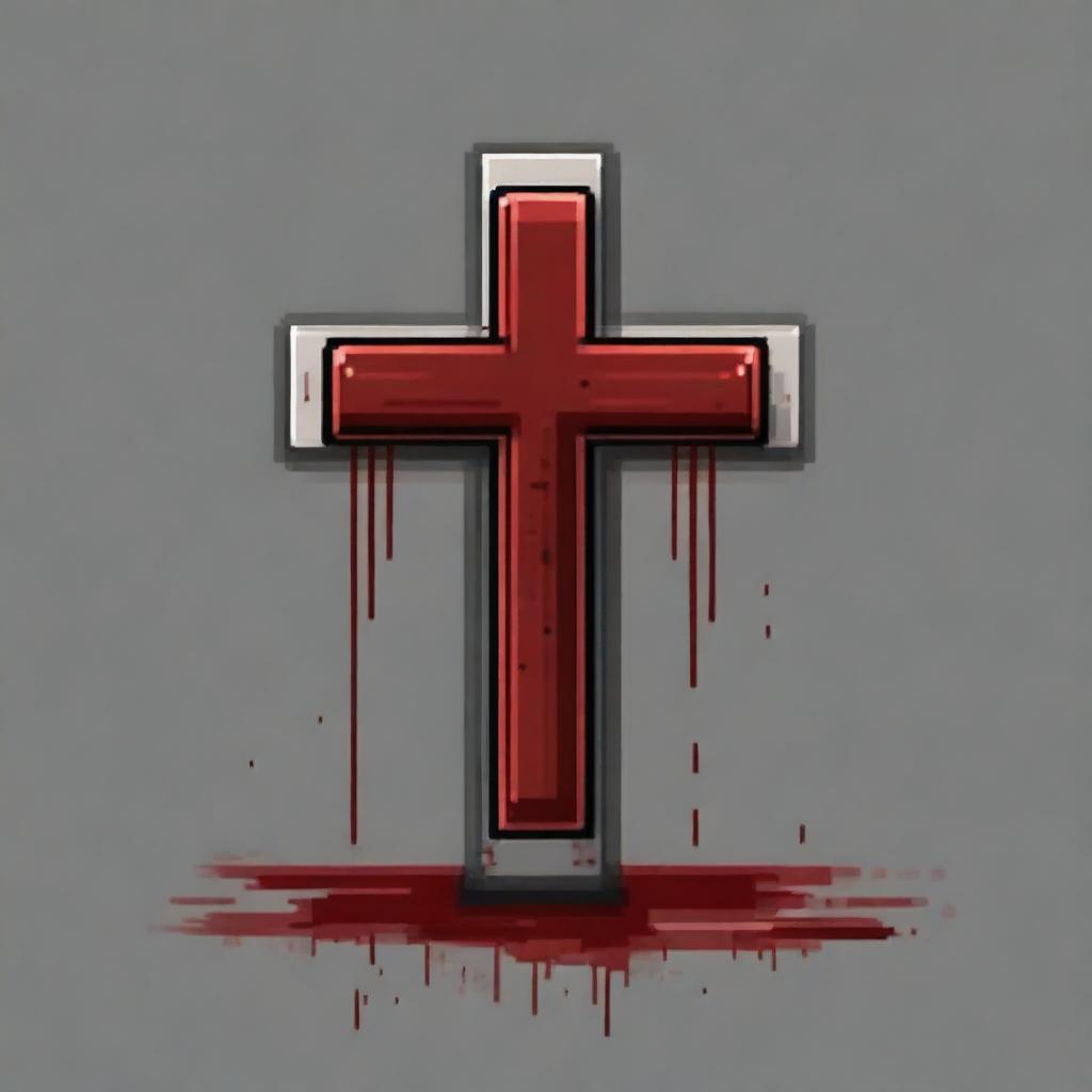 Create a pixel art image of a metal cross covered in blood