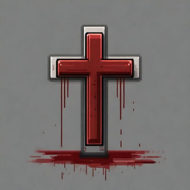 Create a pixel art image of a metal cross covered in blood