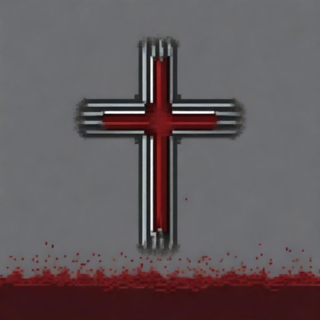 Create a pixel art image of a small metal cross covered in blood