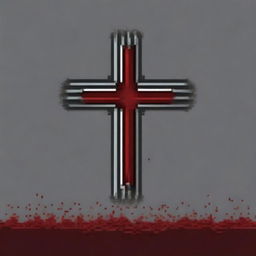 Create a pixel art image of a small metal cross covered in blood