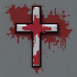 Create a pixel art image of a small metal cross covered in blood