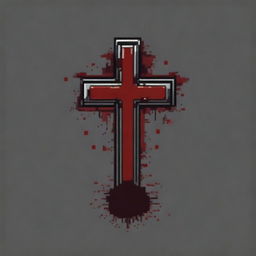 Create a pixel art image of a small metal cross covered in blood