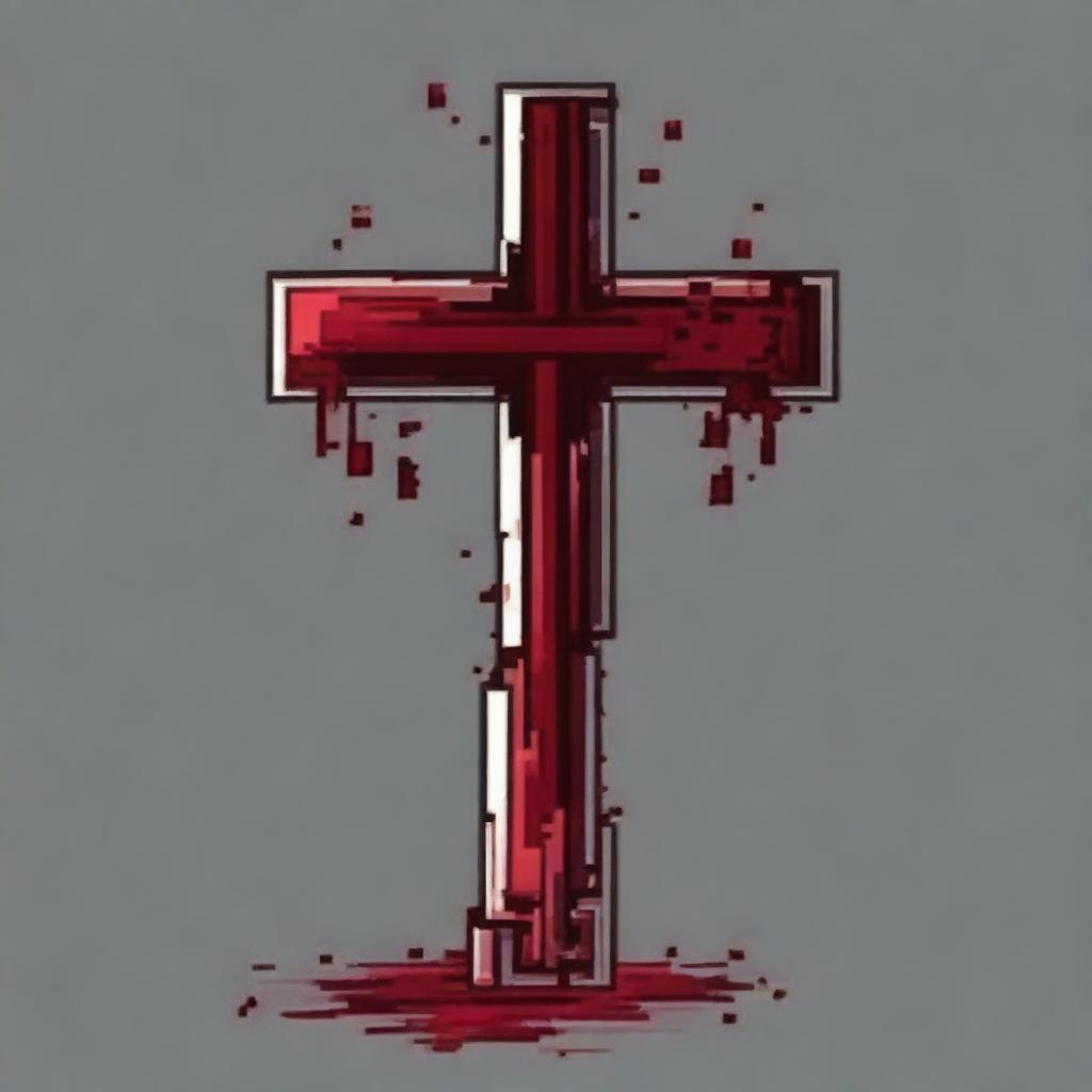 Create a pixel art image of a small metal cross covered in blood