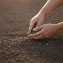 A farmer's hands meticulously sowing fenugreek seeds into fertile soil under a soft, warm sunlight