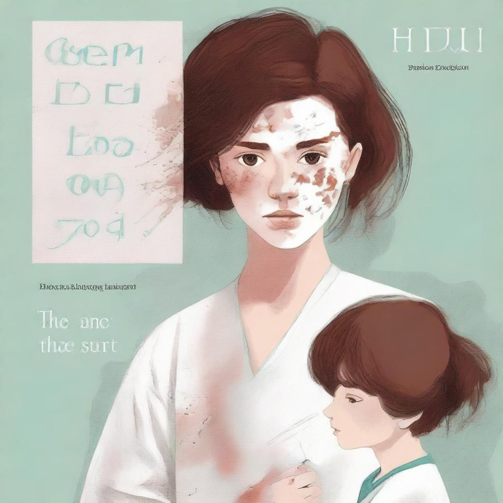 Create a book cover with the title 'Quem sou eu?' featuring a woman in a hospital gown with reddish-brown hair, looking confused as she touches a bandage wrapped around her head