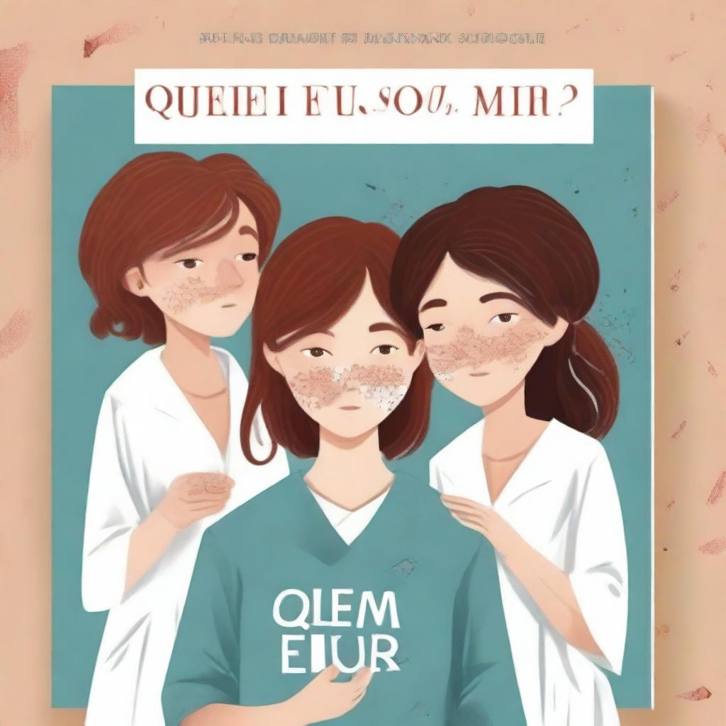 Create a book cover with the title 'Quem sou eu?' featuring a woman in a hospital gown with reddish-brown hair, looking confused as she touches a bandage wrapped around her head