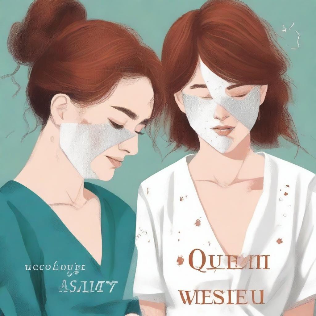 Create a book cover with the title 'Quem sou eu?' featuring a woman in a hospital gown with reddish-brown hair, looking confused as she touches a bandage wrapped around her head