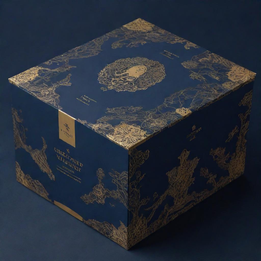 A packaging box pattern design with a couple immersed in a romantic H.P Lovecraft-influenced dystopian world. Dominant navy blue background with elegant golden details, rendered in 4k resolution.