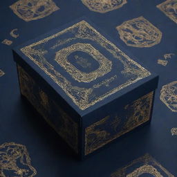 A packaging box pattern design with a couple immersed in a romantic H.P Lovecraft-influenced dystopian world. Dominant navy blue background with elegant golden details, rendered in 4k resolution.