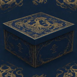 A packaging box pattern design with a couple immersed in a romantic H.P Lovecraft-influenced dystopian world. Dominant navy blue background with elegant golden details, rendered in 4k resolution.