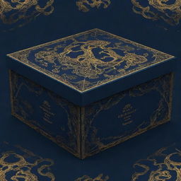 A packaging box pattern design with a couple immersed in a romantic H.P Lovecraft-influenced dystopian world. Dominant navy blue background with elegant golden details, rendered in 4k resolution.