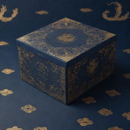 A packaging box pattern design with a couple immersed in a romantic H.P Lovecraft-influenced dystopian world. Dominant navy blue background with elegant golden details, rendered in 4k resolution.