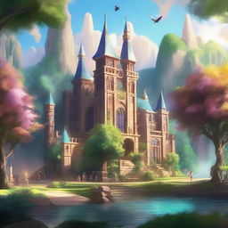 A grand fantasy academy with towering spires, magical creatures roaming the grounds, and students practicing spells