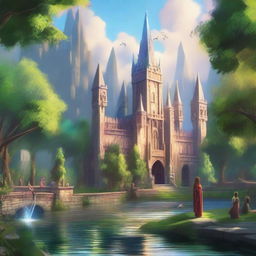 A grand fantasy academy with towering spires, magical creatures roaming the grounds, and students practicing spells