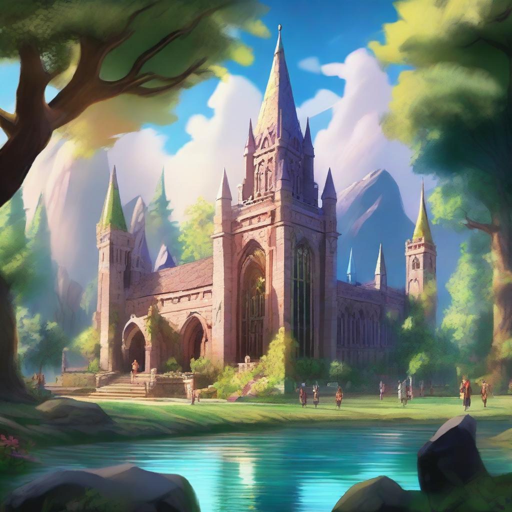 A grand fantasy academy with towering spires, magical creatures roaming the grounds, and students practicing spells