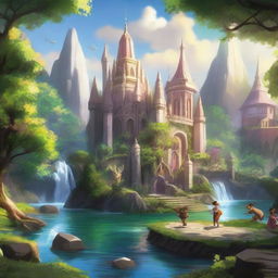 A grand fantasy academy with towering spires, magical creatures roaming the grounds, and students practicing spells