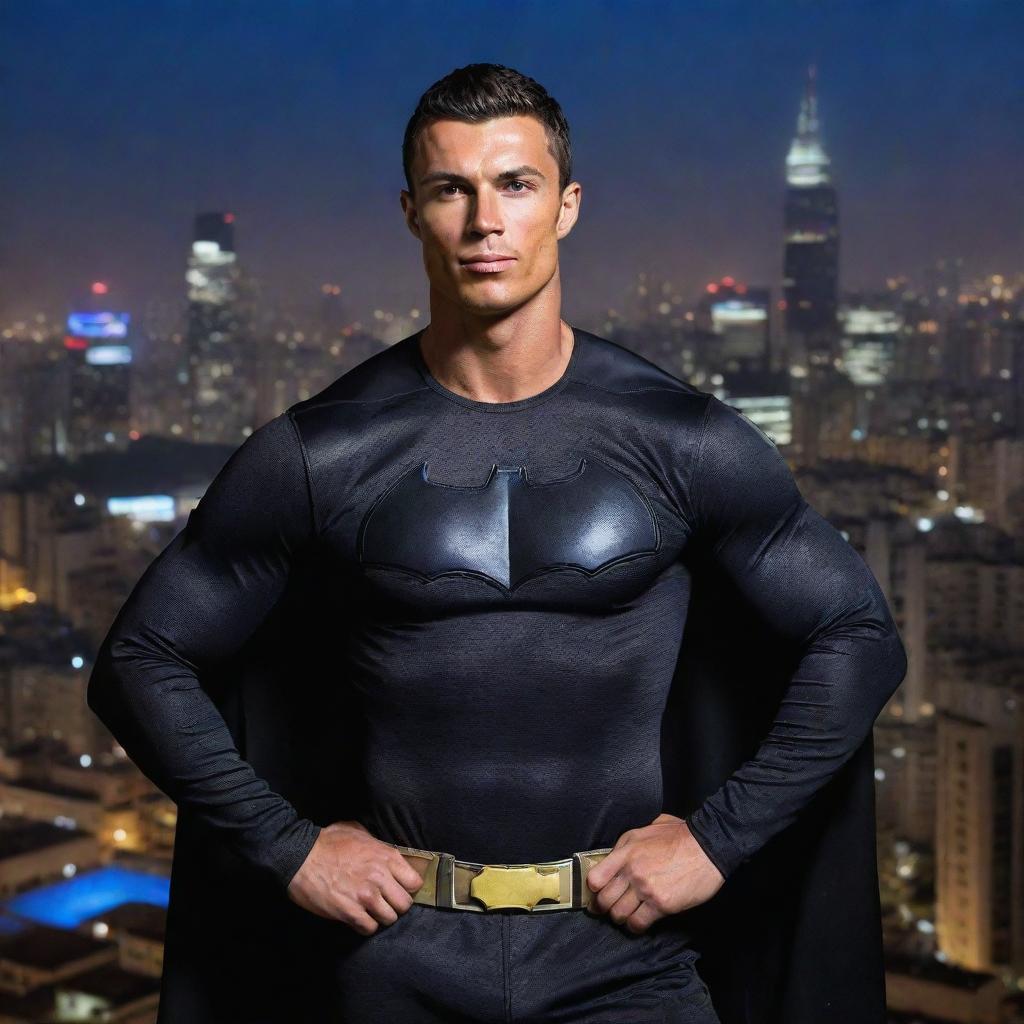 Cristiano Ronaldo dressed in a Batman costume, striking a heroic pose against a dramatic cityscape night background