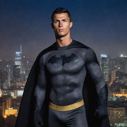 Cristiano Ronaldo dressed in a Batman costume, striking a heroic pose against a dramatic cityscape night background