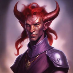 A half-body portrait of a tiefling with red skin and mauve hair