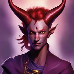 A half-body portrait of a tiefling with red skin and mauve hair