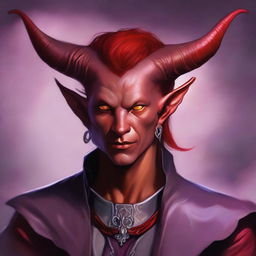 A half-body portrait of a tiefling with red skin and mauve hair