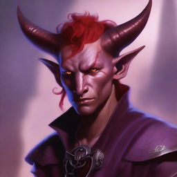 A half-body portrait of a tiefling with red skin and mauve hair