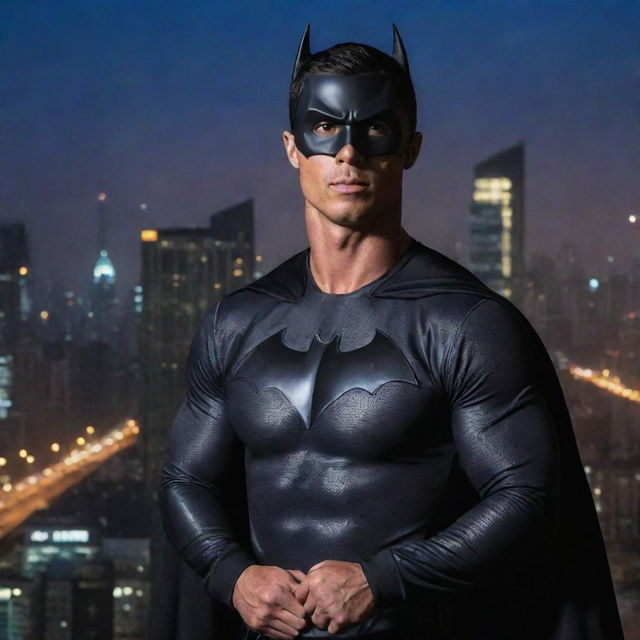 Cristiano Ronaldo dressed in a Batman costume, striking a heroic pose against a dramatic cityscape night background