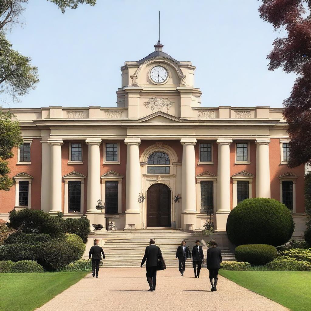 The front view of a prestigious academy with grand gates, elegant architecture, and manicured lawns