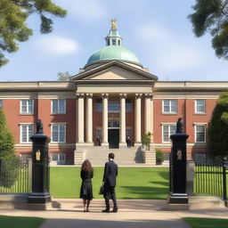 The front view of a prestigious academy with grand gates, elegant architecture, and manicured lawns