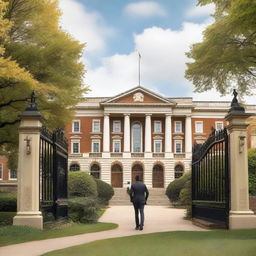 The front view of a prestigious academy with grand gates, elegant architecture, and manicured lawns