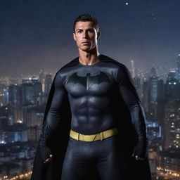 Cristiano Ronaldo dressed in a Batman costume, striking a heroic pose against a dramatic cityscape night background