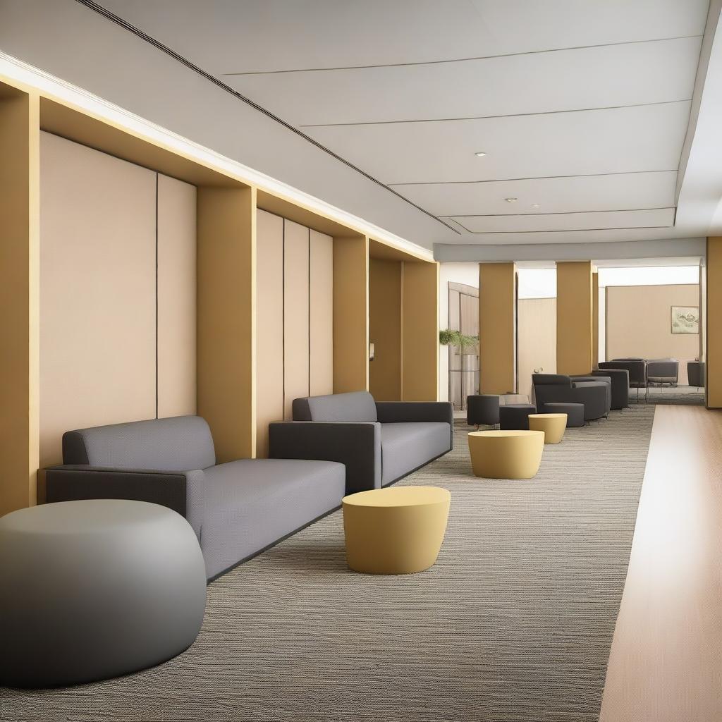 A spacious lounge area with wall cubicles, tables, and sofas