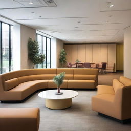 A spacious lounge area with wall cubicles, tables, and sofas