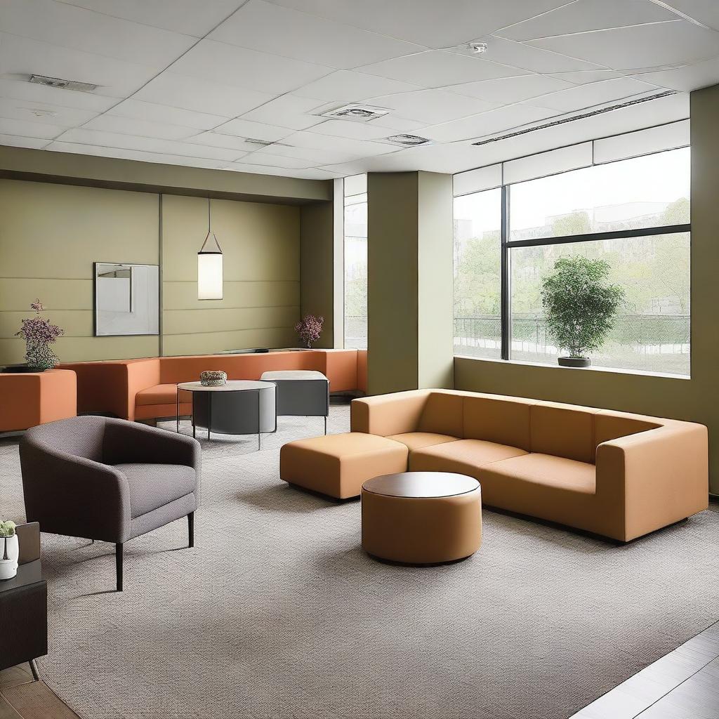 A spacious lounge area with wall cubicles, tables, and sofas