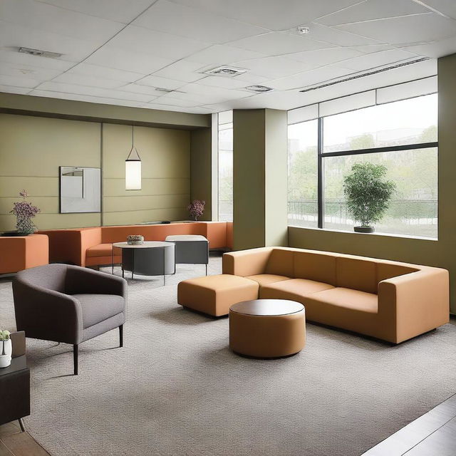 A spacious lounge area with wall cubicles, tables, and sofas