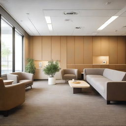 A spacious lounge area with wall cubicles, tables, and sofas