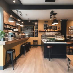 A cozy coffee shop with a coffee bar and a small display case