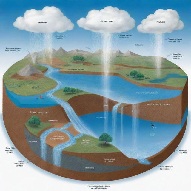 An illustrative diagram of the 'Water Cycle for the Anthropocene', encompassing the typical evaporation, condensation, and precipitation processes. Include at least two human pressures like industrial pollution and water overuse affecting the hydrologic cycle.