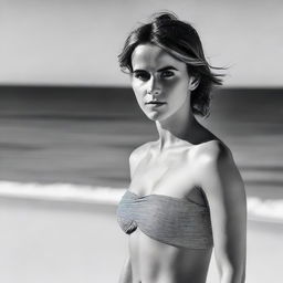 A portrait of Emma Watson wearing a stylish two-piece bikini, standing confidently with a serene beach background